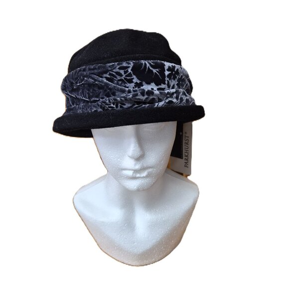 Vintage Parkhurst Canada Wool Cloche Hat Black Smokestone Velvet Band Diana styl - Picture 1 of 9